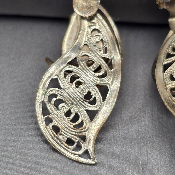 VTG West German Silver Filigree Clip-On Earrings 1.25" Blue Glass Stone 1950s - Picture 7 of 10